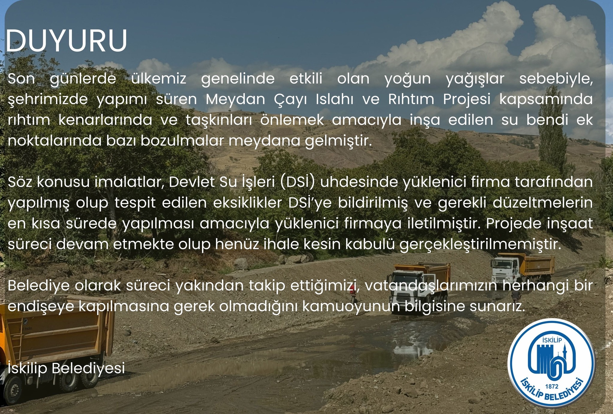 Meydan Çayı Projesinde Yağışlar Nedeniyle Oluşan Hasarlara İlişkin Açıklama post thumbnail image